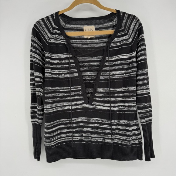 Chaser Sweaters - Revolve Chaser Sweater 100% Linen Women's XS‎ Lace Up Striped Space Dye